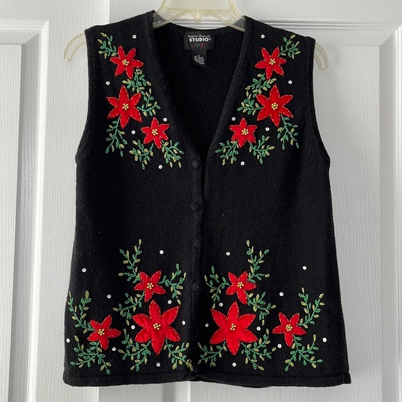 Designs Originals Studio Joy Sweater Vest Black with Red Poinsettias on - Picture 1 of 6